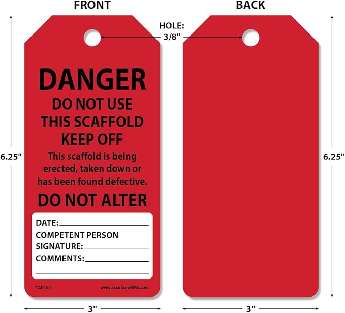 100/250 Scaffolding Safety Tags, Do Not Use This Scaffold Keep Off, OSHA Compliant, Waterproof PF-Cardstock, Resists Tears, 6.25"x3"