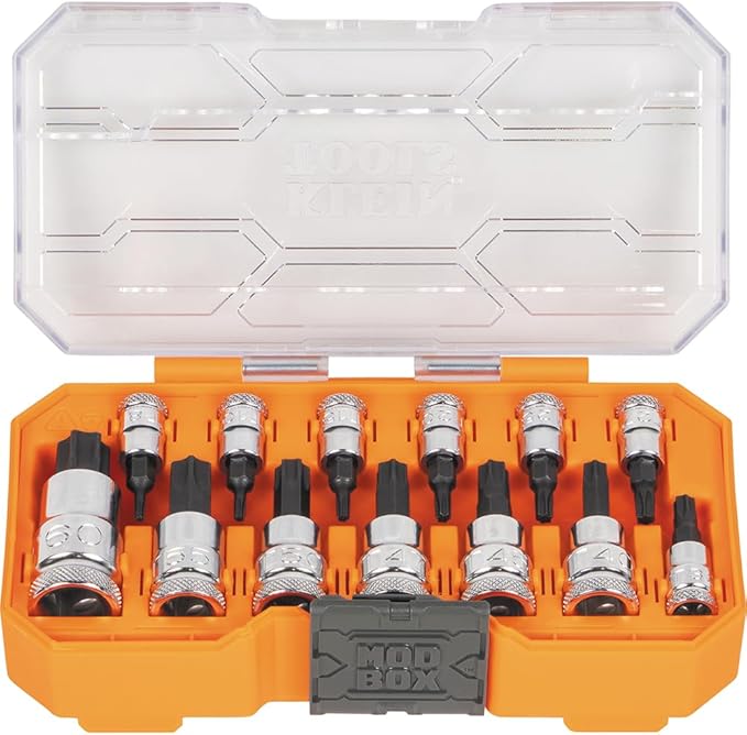 Klein Tools 65213TX Knurled TORX Bit Socket Set, T8 toT60, 1/4, 3/8 and 1/2-Inch Drives, Premium Cr-V Steel, MODBox Case, 13-Piece