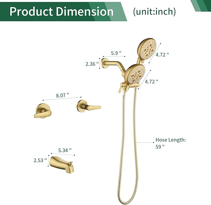 2 Handles Tub Shower Faucet Set Shower System with Tub Spout Bathtub Faucet Set Shower Tub Combo Set Complete Tub and Shower Trim Kit Brushed Gold