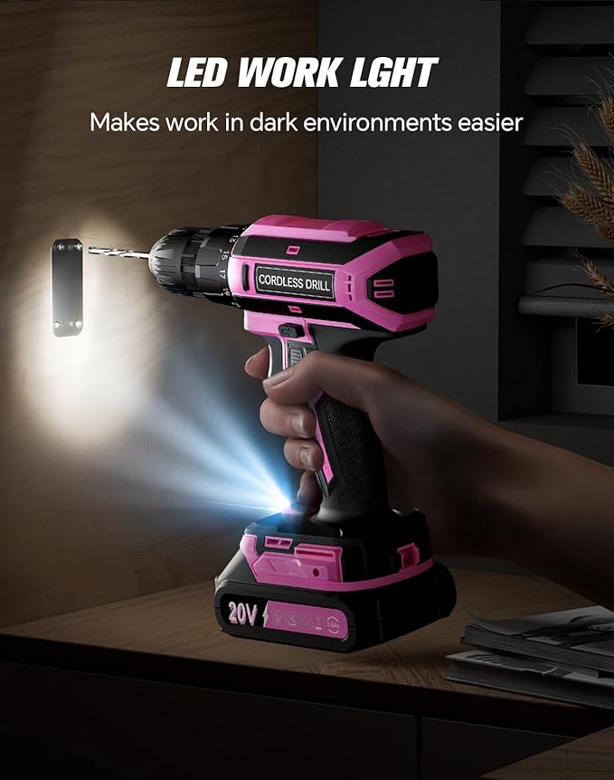 Pink Cordless Drill Set, 20V Max PowerDrill for Women, Lightweight ElectricDrill with Dual Power Pack and Charger, 25 Position and 56 Pcs Accessoires, Womens Drill Tools Kit for House