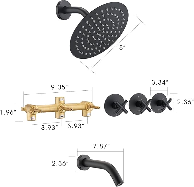 PROOX 3 Handle Tub Shower Faucet Set, 8" Rainfall Shower Head with Tub and Shower Trim Kit with Rough-in Valve, Matte Black Bathtub Shower Faucets, Wall Mounted Bathroom Rain Shower System