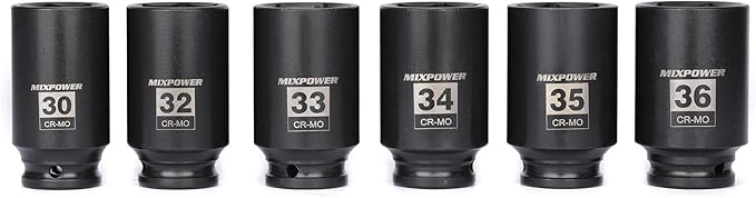 MIXPOWER 6-Piece1/2- Inch Drive Deep Impact Socket Set, Impact Grade Socket Set, 6 Point, CR-MO, Metric,30mm, 32mm, 33mm, 34mm, 35mm, 36mm