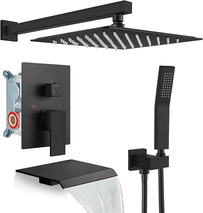 gotonovo Rain Shower Faucet System Set Rainfall Shower Head with Handheld Sprayer Waterfall Tub Spout Wall Mounted Mixer Combo Rough-in Valve and Trim Included 12 Inch Showerhead Matte Black