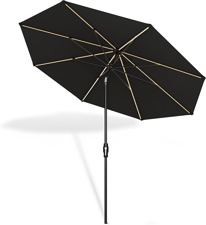 Midtown Umbrellas Led Swilt Sunbrella Umbrella, 8 Foot Patio Umbrella In Sunbrella Black Acrylic Fabric - Deck Patio Umbrella, Backyard Umbrella, Garden Umbrella & Pool Umbrella - Black Pole