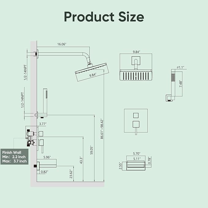 Esnbia Bathtub Shower Faucet Set, Rain Shower System with Tub Spout, 10 Inches Shower Heads with Handheld Spray Combo, Wall Mounted Shower Fixtures with Shower Valve kit, Chrome