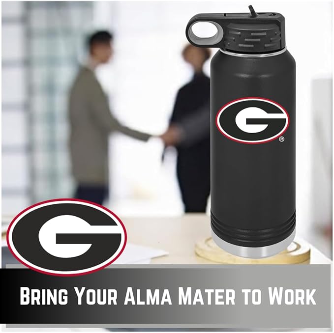 University of Georgia Bulldogs 32oz Stainless Steel Double Walled Black Beverage Bottle with Flip Straw Spout - College Gear for Playoff Season – For Office, Home or Auto – Show your Bulldog Pride