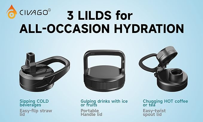 CIVAGO 24 oz Insulated Water Bottle With Straw, Stainless Steel Sports Water Flask Cup with 3 Lids (Straw, Spout and Handle Lid), Double Walled Travel Thermal Canteen Mug, Navy Blue