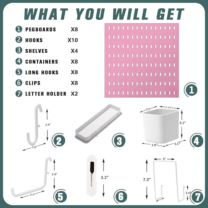 Pegboard Combination Kit, 25.2" x 50.4" Wall Mounted Storage Set with 8 Pegboards & 40 Accessories Hanging, Peg Boards Organizer