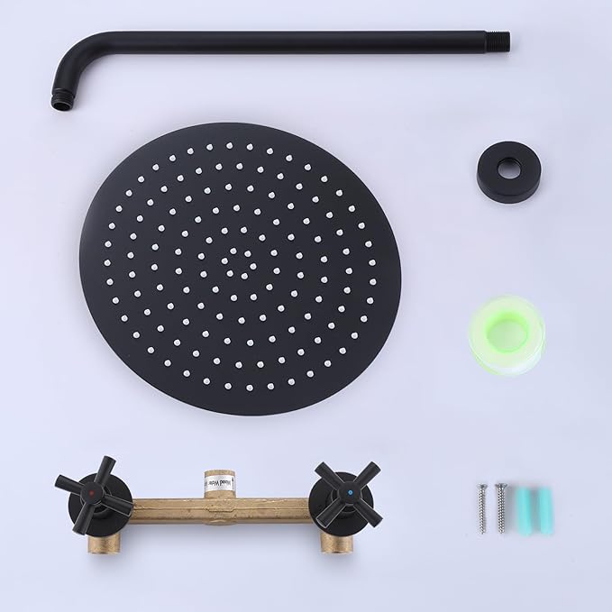 2 Handles Shower with 10'' Rainfall Shower Head,Single Function Shower Trim Kit with Rough-in Valve,Wall Mount,Matte Black