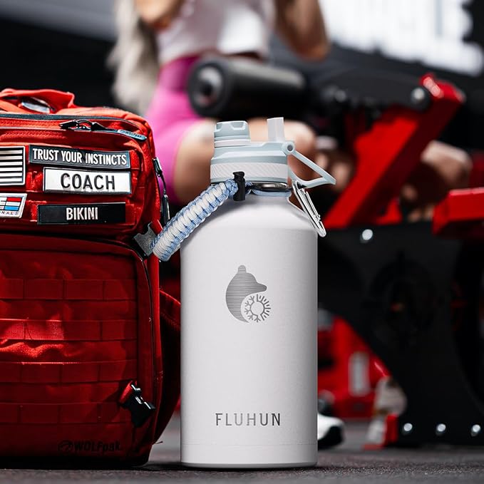 Insulated Water Bottle 64 oz, Double Walled Vaccum Stainless Steel Half Gallon Water Bottle with Straw and Handle, 2-in-1 (Straw & Spout) Water Flask Jug Lid for Gym and Outdoor Sports