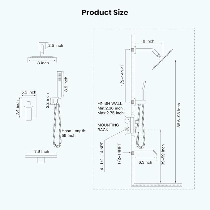 gotonovo Rain Shower Faucet System Set Rainfall Shower Head with Handheld Sprayer Waterfall Tub Spout Wall Mounted Mixer Combo Rough-in Valve and Trim Included 8 Inch Showerhead Brushed Nickel