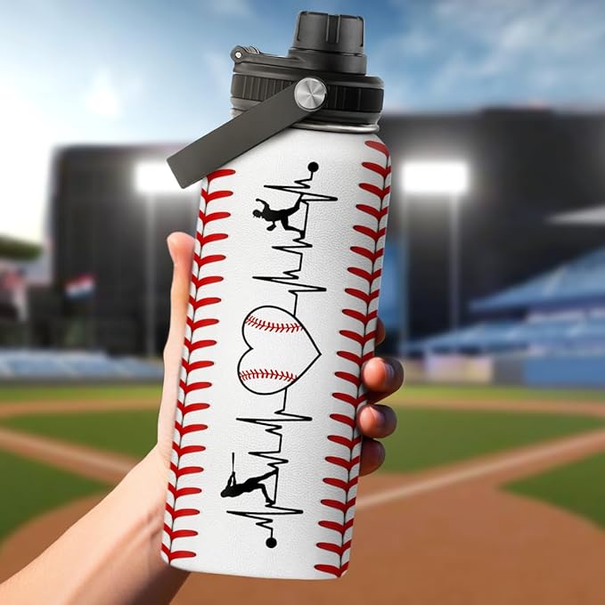 SANDJEST Baseball Water Bottle 32oz Stainless Steel Insulated Bottles for Men Women Sports Lovers Baseball Fan Players Coach - Baseball Gifts for Birthday Christmas