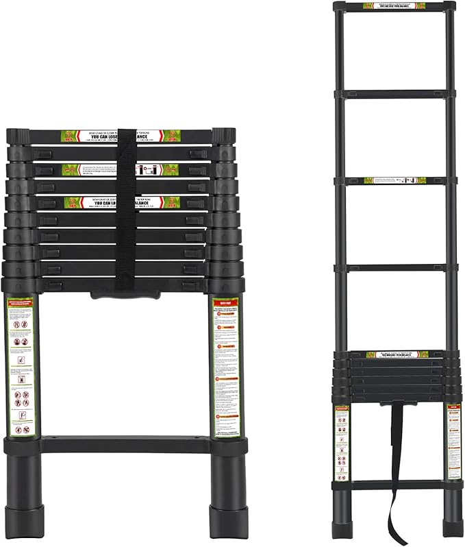 RIKADE Telescoping Ladder 10.5FT & Attic Ladder, Heavy Duty Aluminum with Non-Slip Feet, 330lb Capacity for RV, Attic, Roof & Multi-Surface Use