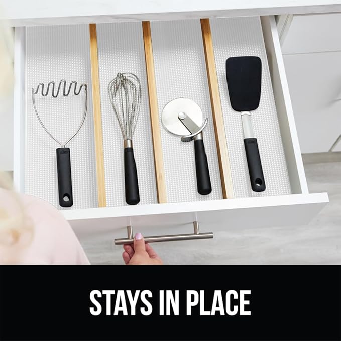 Gorilla Grip powerGRIP Drawer Shelf and Cabinet Liner, Thick Strong Hold, Non-Adhesive Liners Protect Kitchen Cabinets and Cupboard, Bathroom Drawers, Easy Install, Breathable Mat, 17.5" x10', White