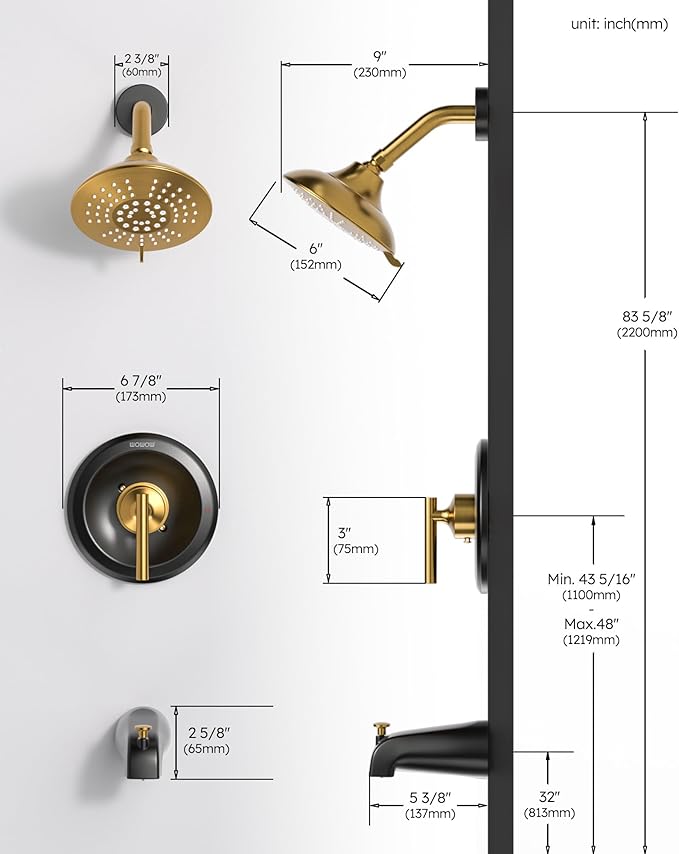 Shower Faucet Set with Valve, WOWOW Shower Trim Kit with 6-Inch Rain Shower Head and Tub Spout, Single Handle Shower Tub Combo complete Sets Wall Mount, Black and Gold