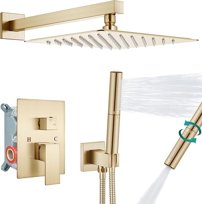 Aolemi Shower System with Rainfall Shower Head and Handheld Wall Mount,High Pressure Shower Faucet Set Fixture Combo with 2 in 1 Handheld Spray Rough-in Valve,10 Inch Shower Head Brushed Gold