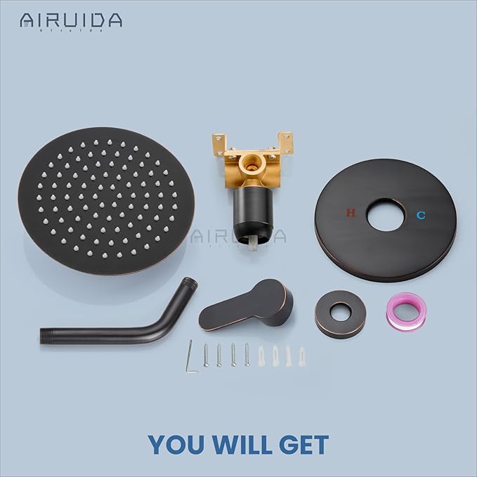 Airuida Shower Faucet Set,8 Inch Round Rainfall Shower Head,SUS304 Stainless Steel Single Handle Shower Trim Kit,Wall Mount Bathroom System with Female Threads Valve Oil Rubbed Bronze