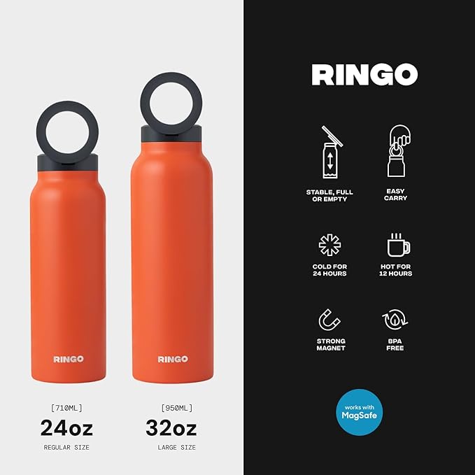 Ringo Insulated Water Bottle - Compatible MagSafe Water Bottle w/Phone Holder -Stainless Steel School Water Bottle w/Magnetic Phone Mount for Kids & Adult-Hot 12H, Cold 24H 360° Rotate - Orange 32oz
