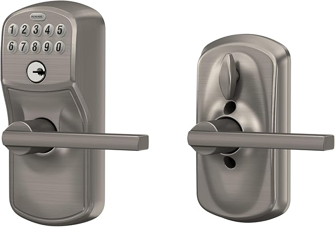 SCHLAGE FE595 PLY 619 FLA Plymouth Keypad Entry with Flex-Lock and Flair Style Levers, Satin Nickel