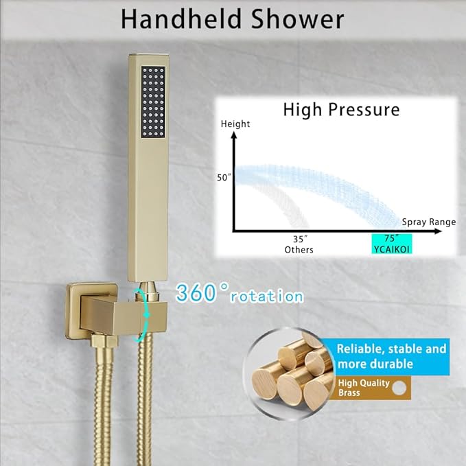 Brushed Gold Shower System YCAIKOI Wall Mount Shower Faucet Set for Bathroom 10 Inch High Pressure Luxury Shower Head with Handheld, Rough-in Valve Body and Trim Included