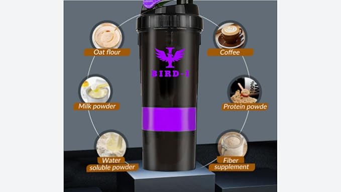 Gym Protein Shaker, 3-in-1, 500ml/16.9oz, BPA-Free, Metal Mixer. (PURPLE), JT4101