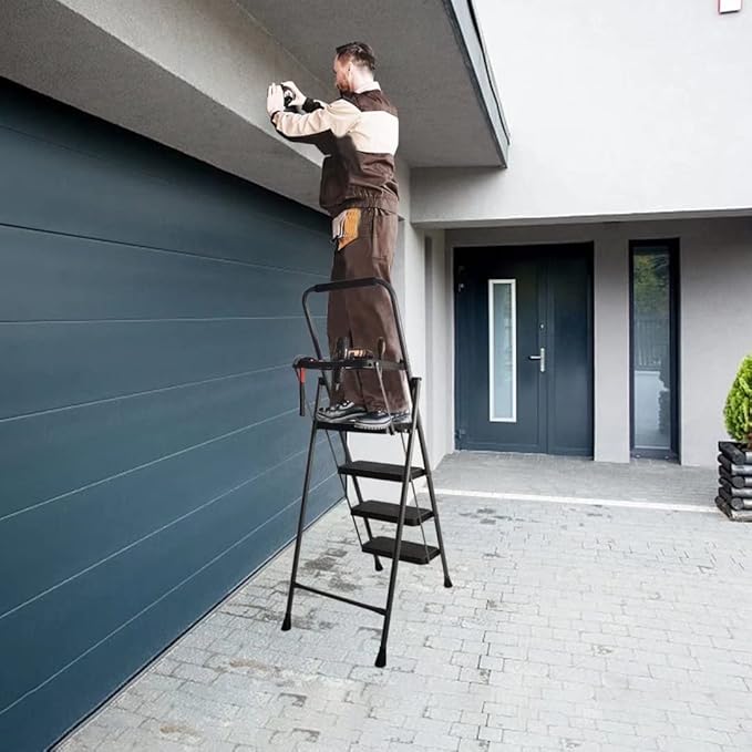 4 Step Ladder, GOLYTON Lightweight Folding 4 Step Stool with Tool Platform, Wide Anti-Slip Pedal and Convenient Handgrip, Sturdy Steel Ladder Hold Up to 350 lbs, Gray