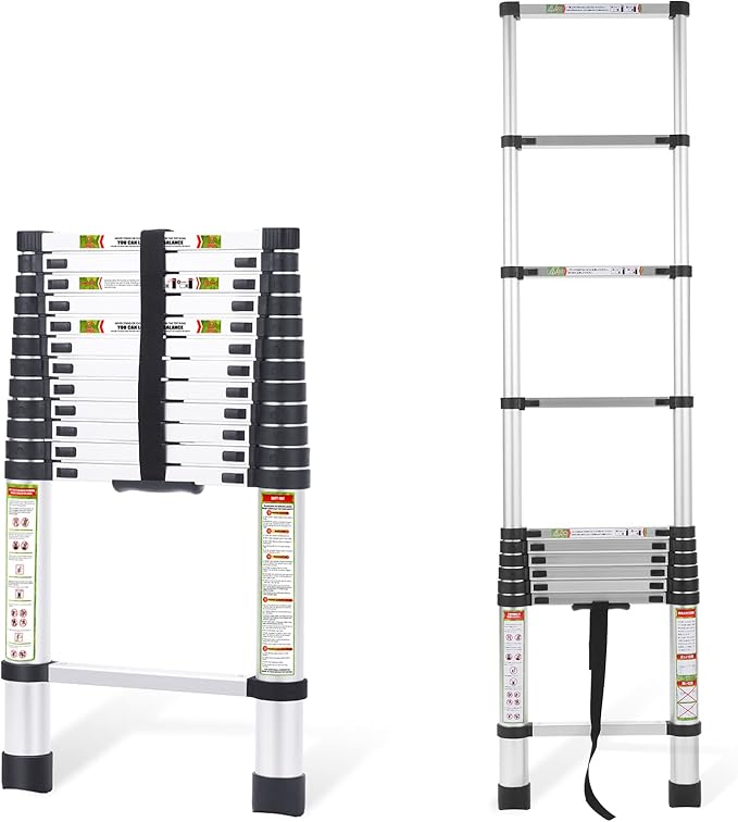 RIKADE Telescoping Ladder 12.5FT & Attic Ladder, Heavy Duty Aluminum with Non-Slip Feet, 330lb Capacity for RV, Attic, Roof & Multi-Surface Use