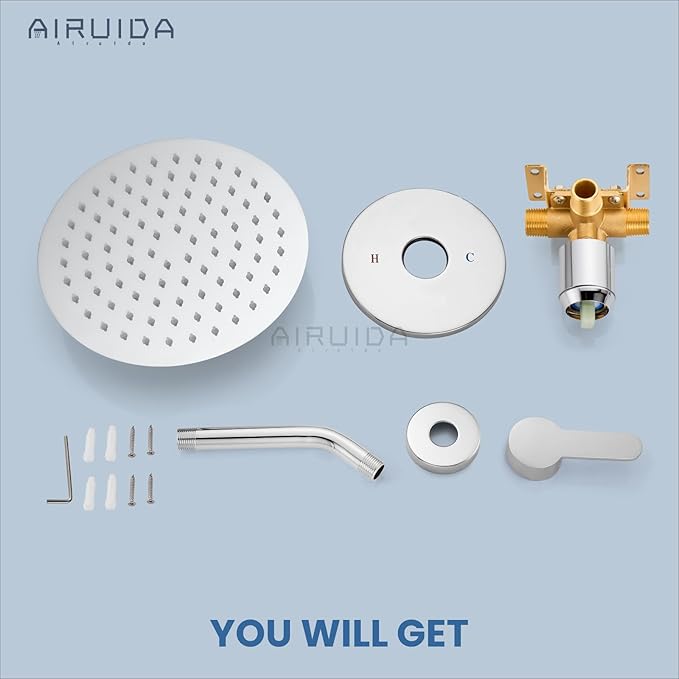 Airuida Shower Faucet Set,8 Inch Round Rainfall Shower Head,SUS304 Stainless Steel Single Handle Shower Trim Kit,Wall Mount Bathroom System with Male Threads Valve Chrome Polish