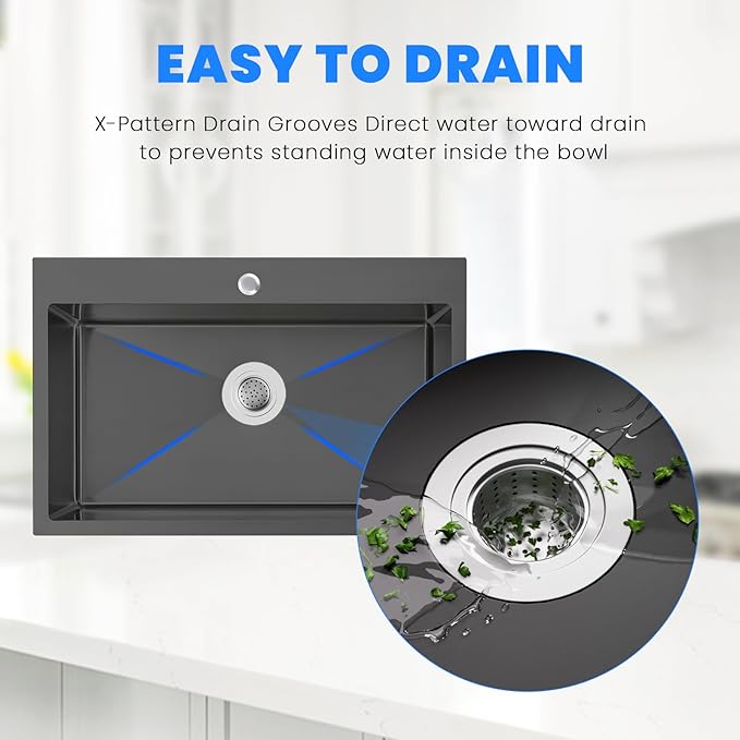 POPFLY Kitchen Sink, 28×20 Inch Drop In 18 Gauge Handmade SUS 304 Top mount Stainless Steel 9 Inch Deep Single Bowl Kitchen Sinks, Black