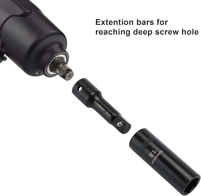 CASOMAN 25PCS 1/2" Drive Impact Socket Set, Deep, Cr-V Steel, 6 Point, Metric&SAE, 12mm to 24mm, 3/8 Inch to 1 Inch, Includes Extension Bars: 3-inch, 5-inch, 1/2-1/4 adapter