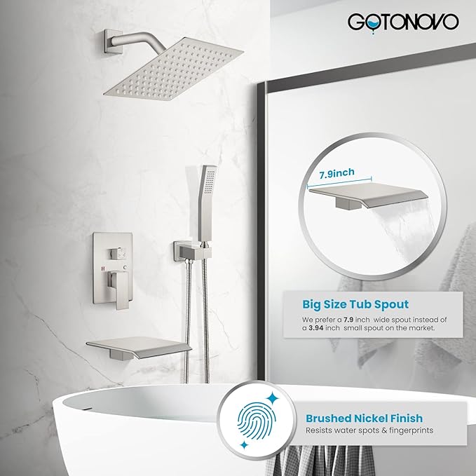 gotonovo Rain Shower Faucet System Set Rainfall Shower Head with Handheld Sprayer Waterfall Tub Spout Wall Mounted Mixer Combo Rough-in Valve and Trim Included 8 Inch Showerhead Brushed Nickel