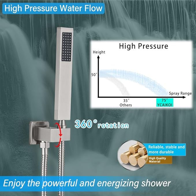 Shower Faucet Set Complete, Wall Mount Shower System for Bathroom 12 Inch High-Pressure Rainfall Shower with Handheld, Rough-in Valve Body and Trim Kit, Brushed Nickel