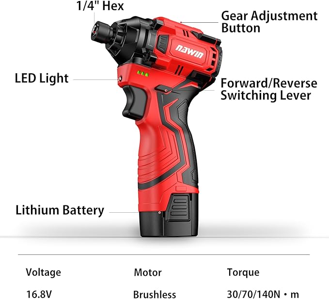 Cordless Impact Driver Kit 16.8V Max Torque 140Nm(105ft-lbs)High Rotation Electric Impact Driver Brushless Motor Continuously Variable Rechargeable 1/4" impact driver 2.0Ah Batteries