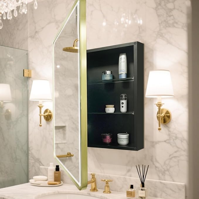 16×26inch Medicine Cabinet,Mirror Cabinet with Beveled Mirror,Solf Close Hinge,Brushed Aluminum Framed,Detachable Side Plate for Recess Mount or Surface Mount,Gold