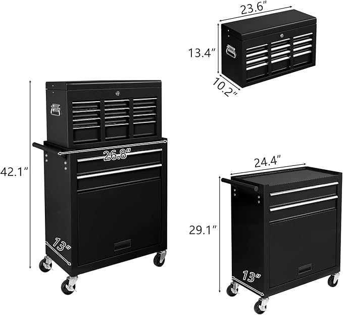 TUFFIOM 8-Drawer Rolling Tool Chest, Tool Storage Cabinet w/Lockable Wheels, Detachable Top, Drawers & Side Hooks, Mechanic Tool Organizer Box for Garage Warehouse Repair Shop