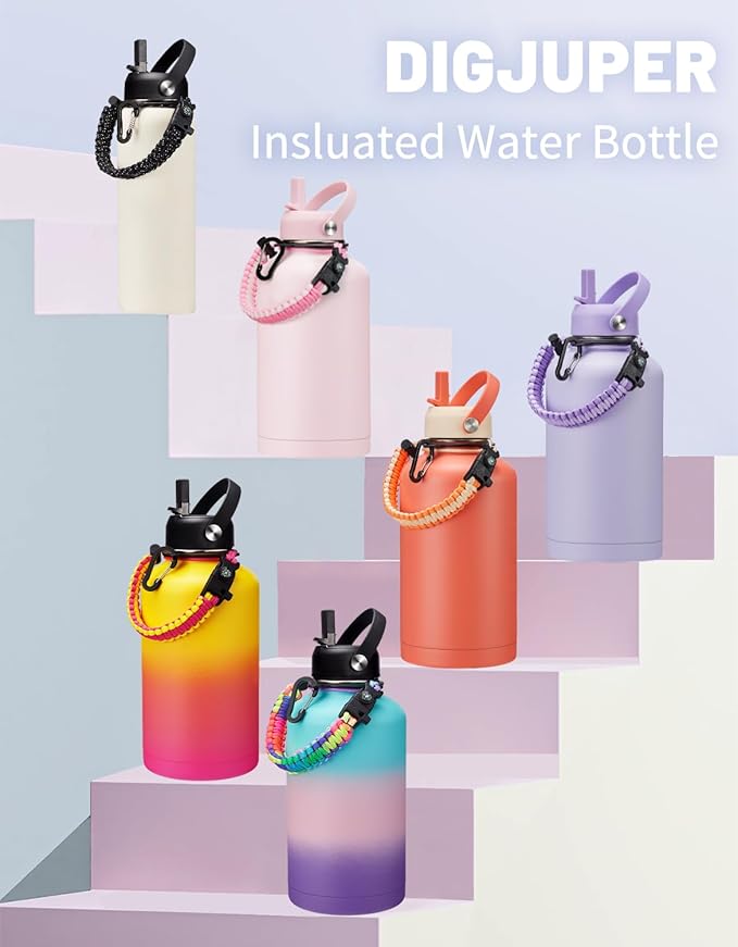 Half Gallon Water Bottle Insulated - 64 oz Water Bottle with Carrying Sleeve, Paracord Handle, Straw Spout Lid, Leak-proof Metal Hydro Jug for Workout Sport Hiking Gym, Purple Big Flask Thermo