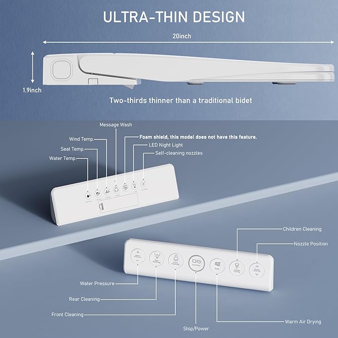 Electric Bidet Toilet Seat with Warm Water, Heated Bidet Attachment for Toilet with Dryer, Self Cleaning Elongated Bidet Seat with Remote Control, Black Temp. Display.