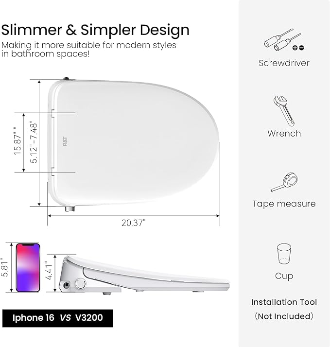 R&T V3200 Elongated Bidet Toilet Seat, Electric Bidet Seat with Adjustable Warm Water, Air Dryer, Heated Seat, Night Light, Deodorization