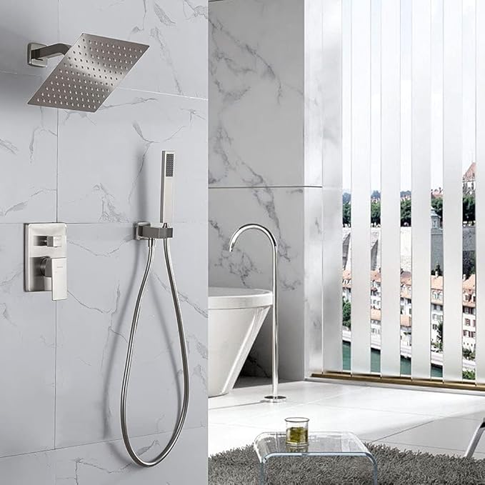 Rain Shower System with Handheld Shower, 10 Inch Wall Mounted Shower Faucet Set Bathroom Luxury Rain Mixer Shower Combo Set Rough-in Valve and Trim Kit, Brushed Nickel