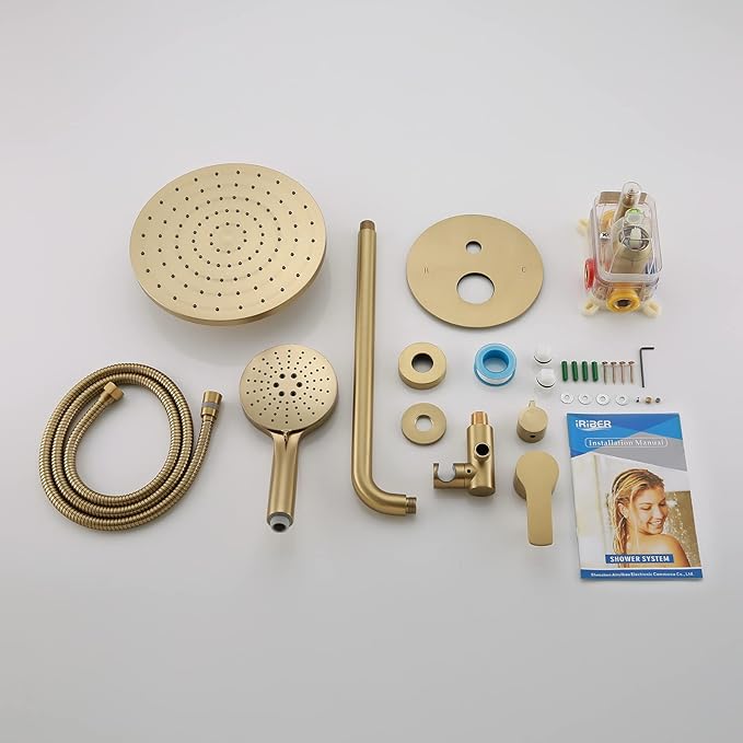 Iriber Shower System Wall Mounted Shower Faucet Mixer Set with Luxury High Pressure Shower head and 3-Setting Handheld, Bathroom Shower Trim Kit Contain Pressure Balance Valve,Brushed Gold