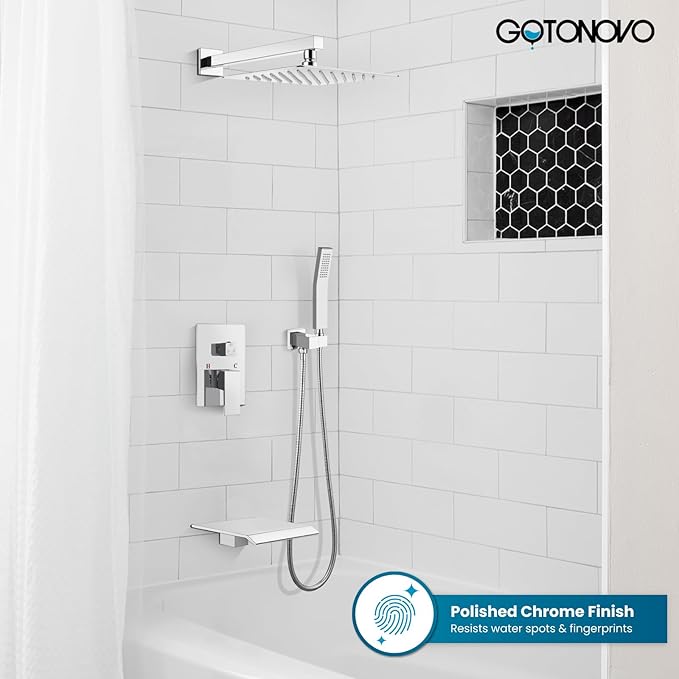 gotonovo Rain Shower Faucet System Set Rainfall Shower Head with Handheld Sprayer Waterfall Tub Spout Wall Mounted Mixer Combo Rough-in Valve and Trim Included 12 Inch Showerhead Polished Chrome