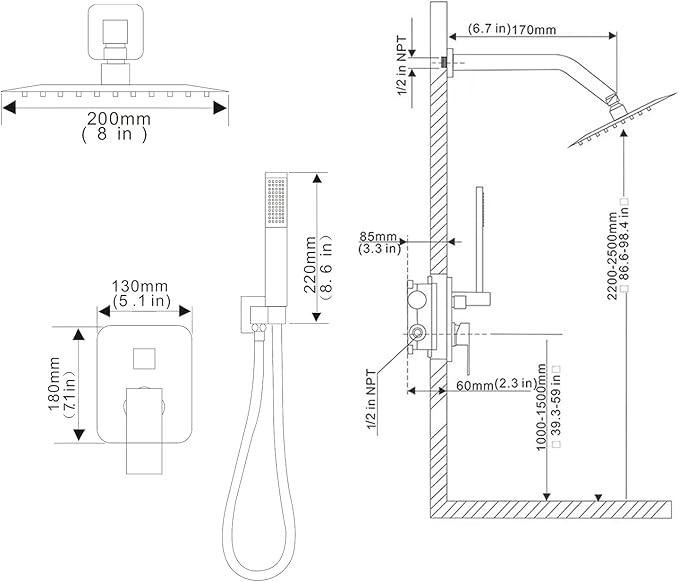 Shower Faucet Set 8 Inch Rainfall Shower Head and Handheld Shower High Pressure Rainfall Shower Head System Shower Faucet Set with Valve and Trim
