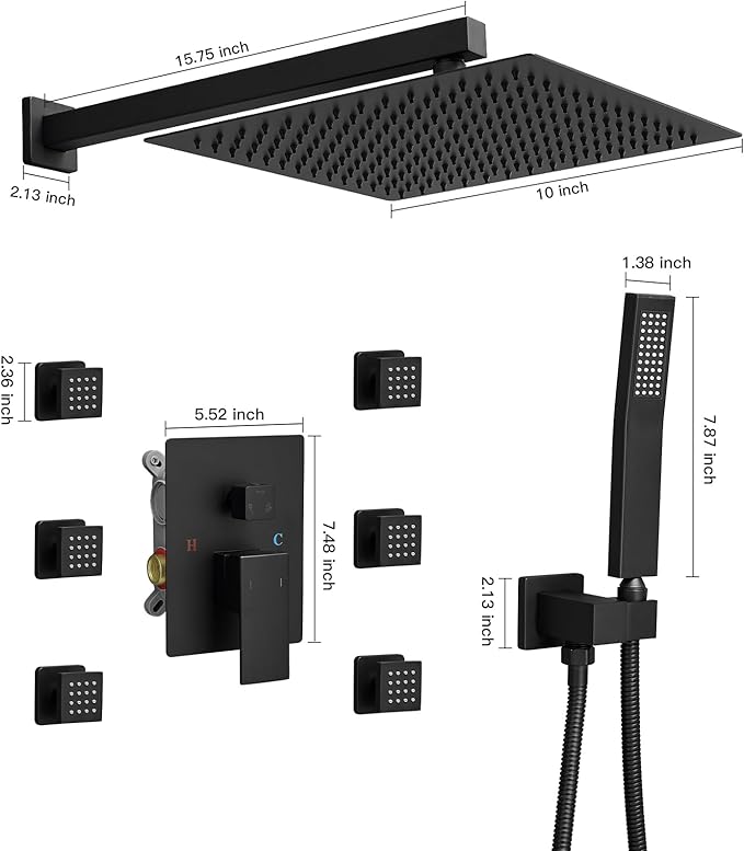 BWE Black Shower System with Body Jets,10 Inch Rain Shower Head with 6 Body Spray Jets and Handheld Shower,Wall Mounted Shower Faucet Set,Rough-in Mixer Valve and Trim Included