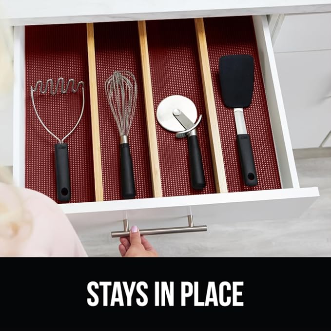 Gorilla Grip powerGRIP Drawer Shelf and Cabinet Liner, Thick Strong Hold, Non-Adhesive Liners Protect Kitchen Cabinets and Cupboard, Bathroom Drawers, Easy Install, Breathable Mat, 12" x10', Red