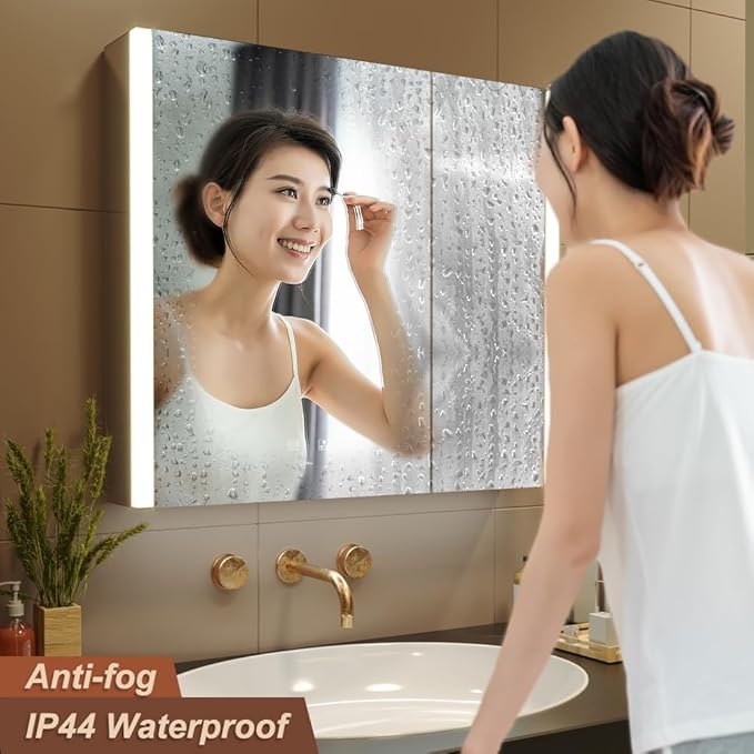 KWW LED Lighted Bathroom Medicine Cabinet with Sockets & USBs, Defogger, Dimmable, 3 Color Light Makeup Mirror, Easy to Install, Wall Mounted Cabinet (31.5 * 28)