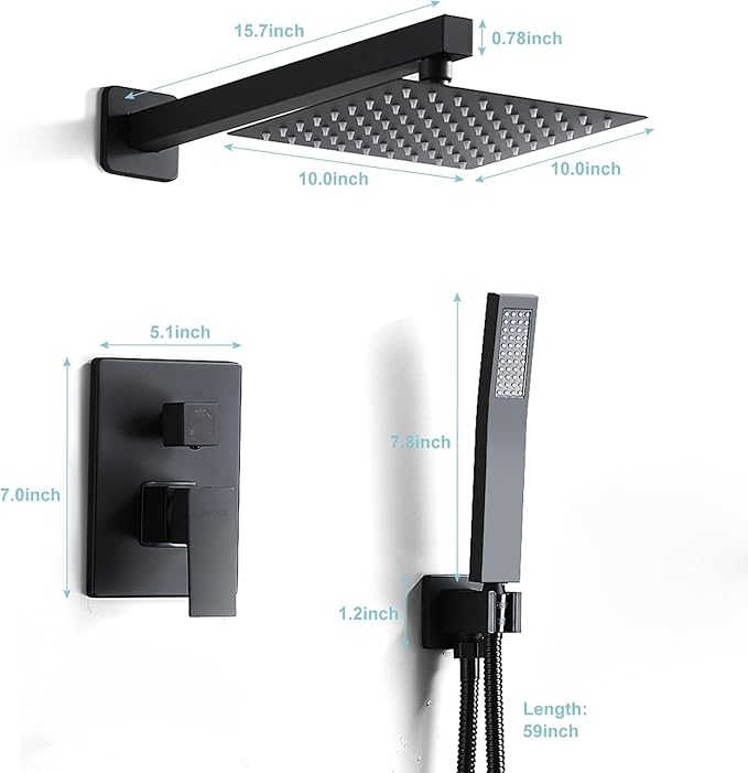 Matte Black Shower Head and Handle Set 10 Inch, Rain Shower Head with 2 Hooks, Luxury Rain Shower Set Square Wall Mount for Bathroom with Rain Shower and Handheld Shower System
