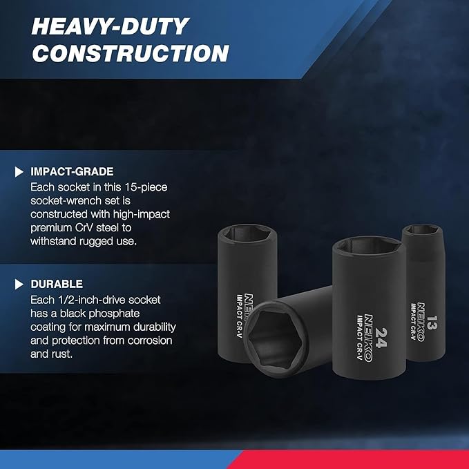 NEIKO 02474A 1/2" Impact Socket Set, 15 Piece Metric Socket Set 10-24 mm, Deep Sockets, 6 Point, 1/2” Drive Sockets for 1/2" Impact Wrench, Chrome Vanadium Cr-V