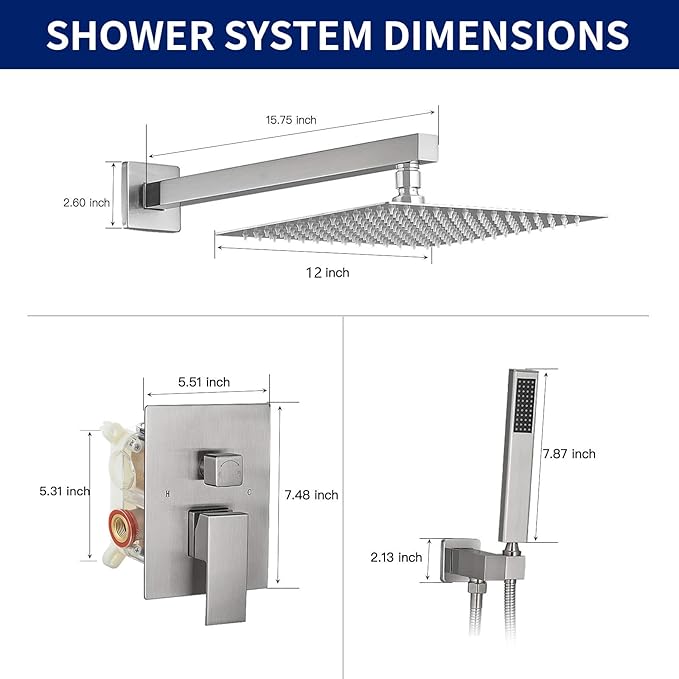 BWE 12 Inch Square Shower Head System 2-Functions Bathroom Luxury Rain Mixer Shower Combo Set Wall Mounted Rainfall Brushed Nickel Shower Faucet Rough-in Valve Body and Trim Included