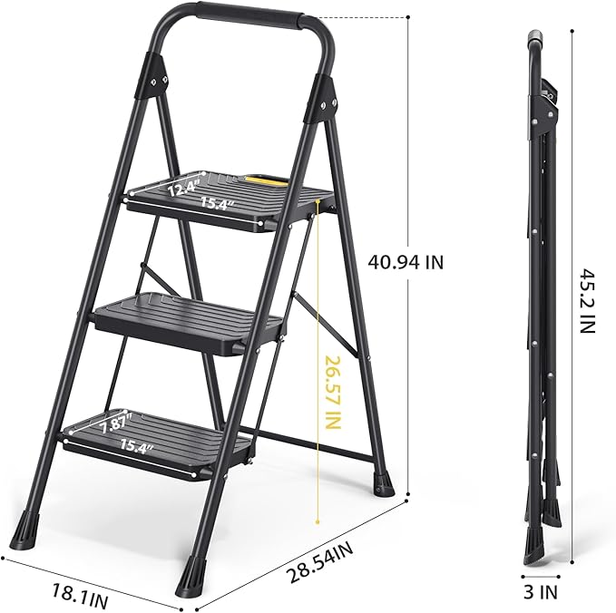 KINGRACK 3 Step Ladder, Sturdy Steel Step Stool with Anti-Slip Wide Pedals, Handrail, Safe-Lock Design, Pass 800lbs Load Testing, Folding Portable Ladder for Multi-Purpose, Home, Kitchen, Black
