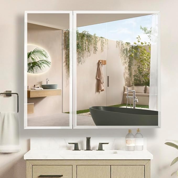 Double Doors Medicine Cabinet with Mirror, 30 inch X 26 inch Aluminum Bathroom Medicine Cabinet, Adjustable Glass Shelves, Waterproof and Rust-Resist, Recess or Surface Mount Installation,Silver